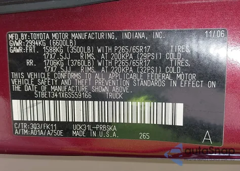 2006 Toyota Tundra Sr5 V8 z USA, uszkodzony, nr VIN 5TBET341X6S559166